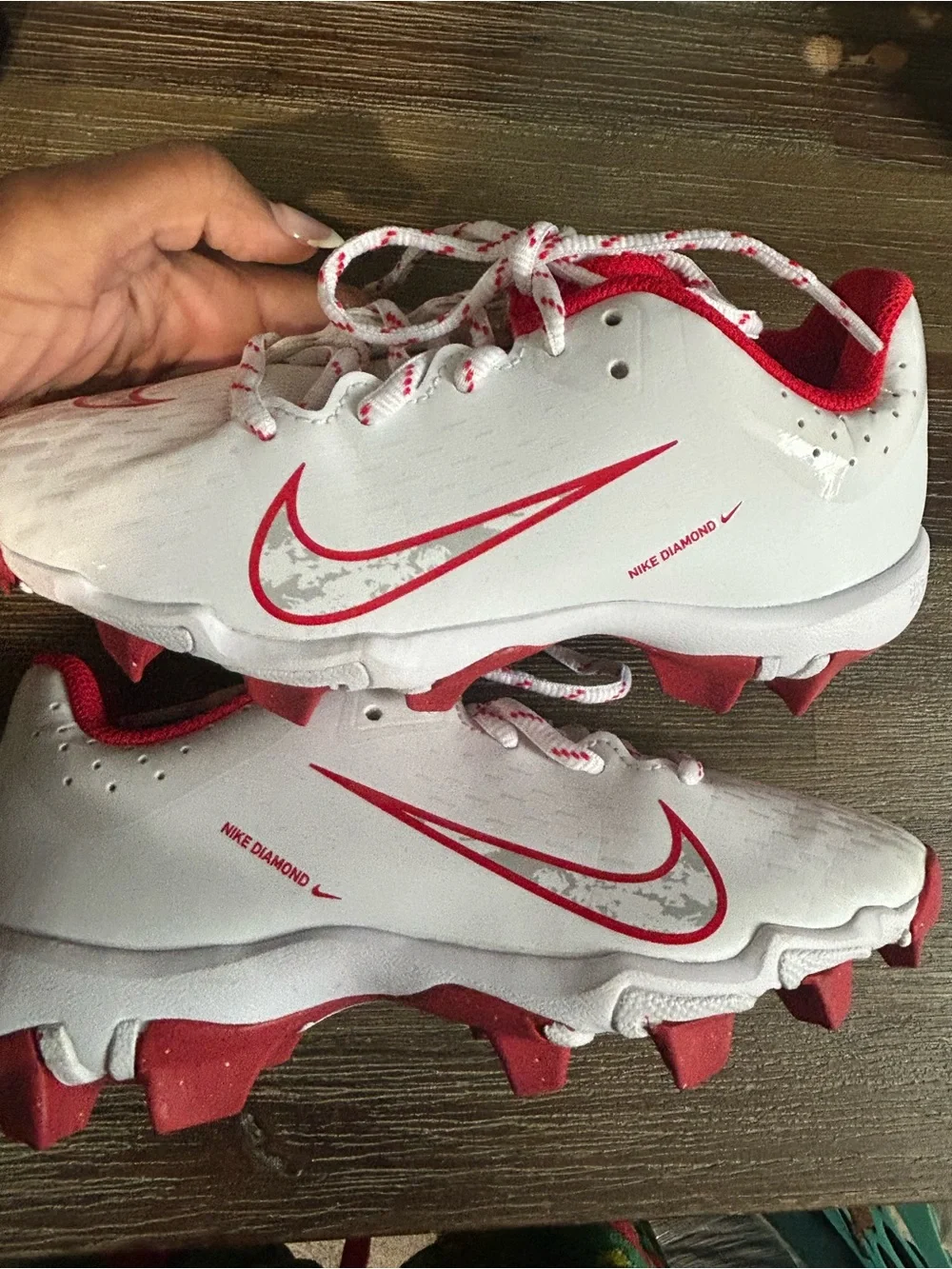 Nike Kids White cleats  with Red and Camo Accents